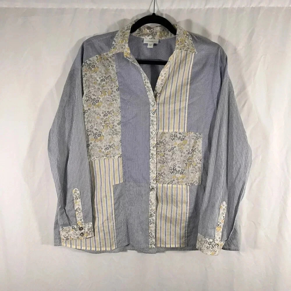 J Jill Blouse Women's Small Blue Striped Floral Button Up Long Sleeve Vneck